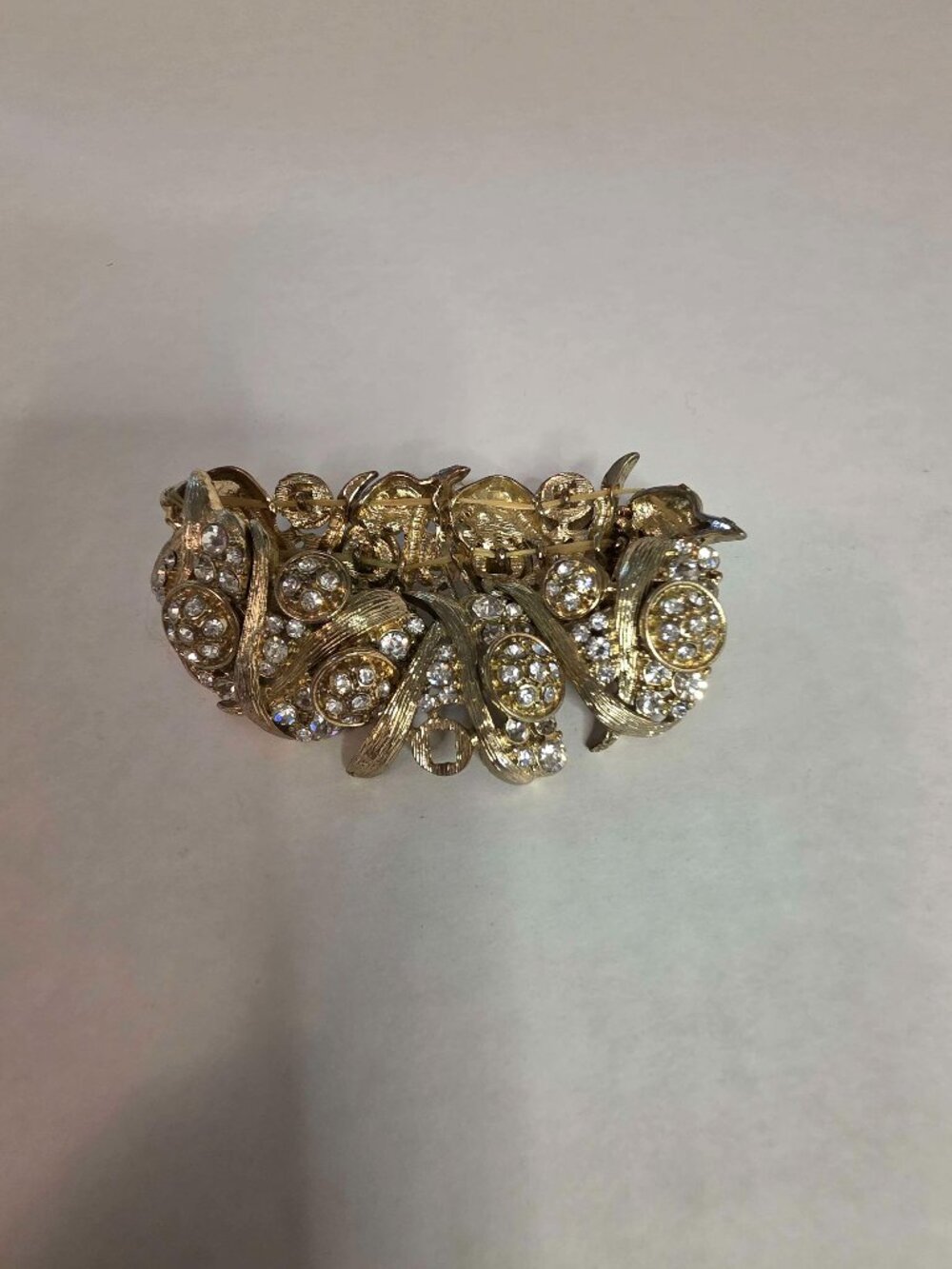 Vintage Gold Tone Rhinestone Leaf Statement Bracelet Costume